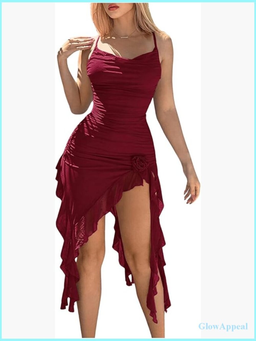 Mesh Mini Dress with Ruffle Hem Floral Decor Bodycon Party Cocktail - Picture 1 of 5